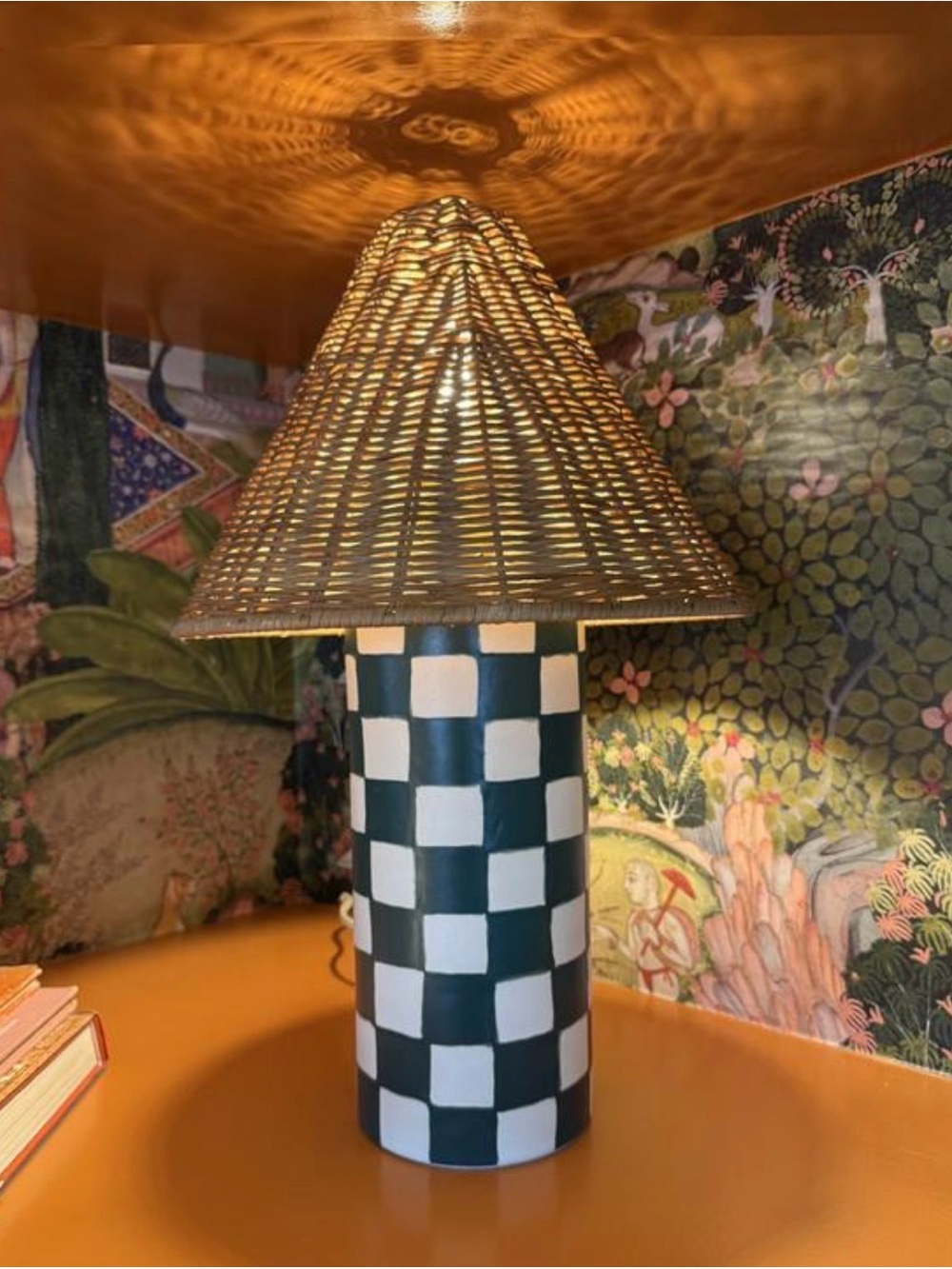 NEW Anthropologie Merve Kahraman Ceramic Checker Rattan Table Lamp, Green, Small - Picture 3 of 5